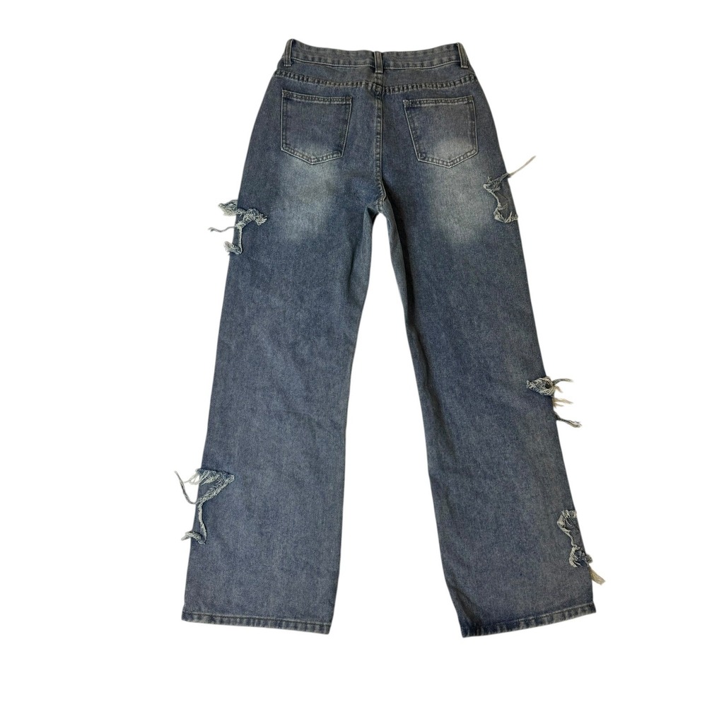 ROMWE Women Blue‎ Denim Star Cutout Ripped Jeans Wide Leg Y2K GRUNGE Whimsy Goth - Picture 9 of 10